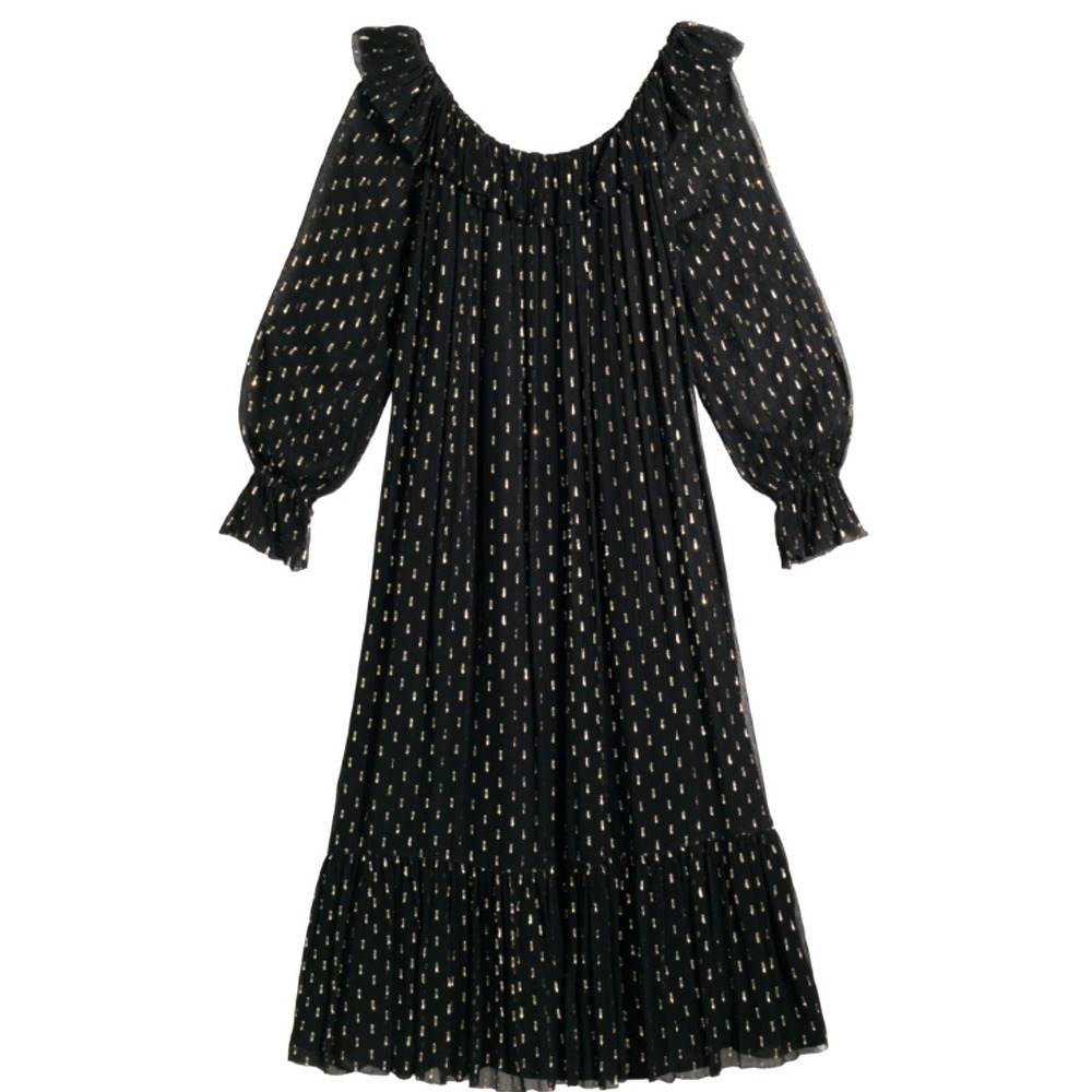 PERUVIAN CONNECTION LANCASTER Black Gold Metallic Pleated Maxi Dress XL NEW